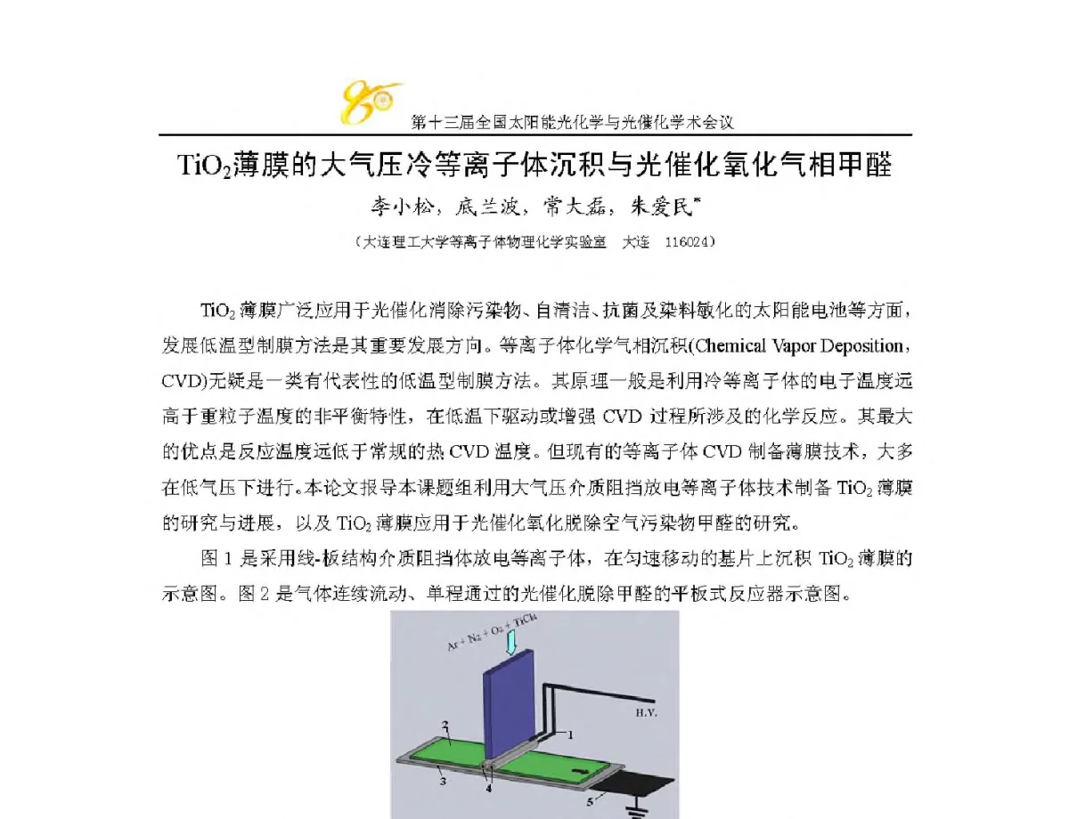 TiO2薄膜的大气压冷等离子体沉积与光催化氧化气相甲醛 - 第十三届全国太阳能光化学与光催化学术会议