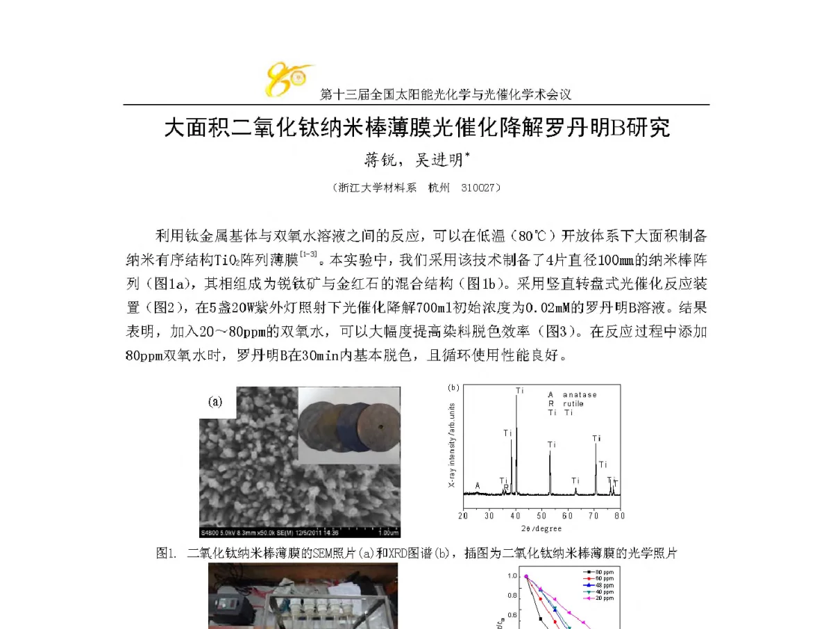 大面积二氧化钛纳米棒薄膜光催化降解罗丹明B研究 - 第十三届全国太阳能光化学与光催化学术会议