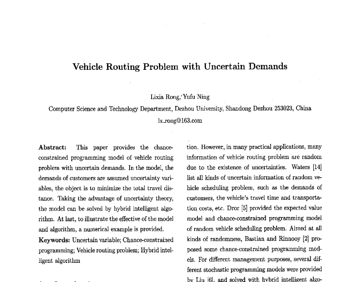 Vehicle Routing Problem with Uncertain Demands - 第十届中国不确定系统年会、第十四届中国青年信息与管理学者大会