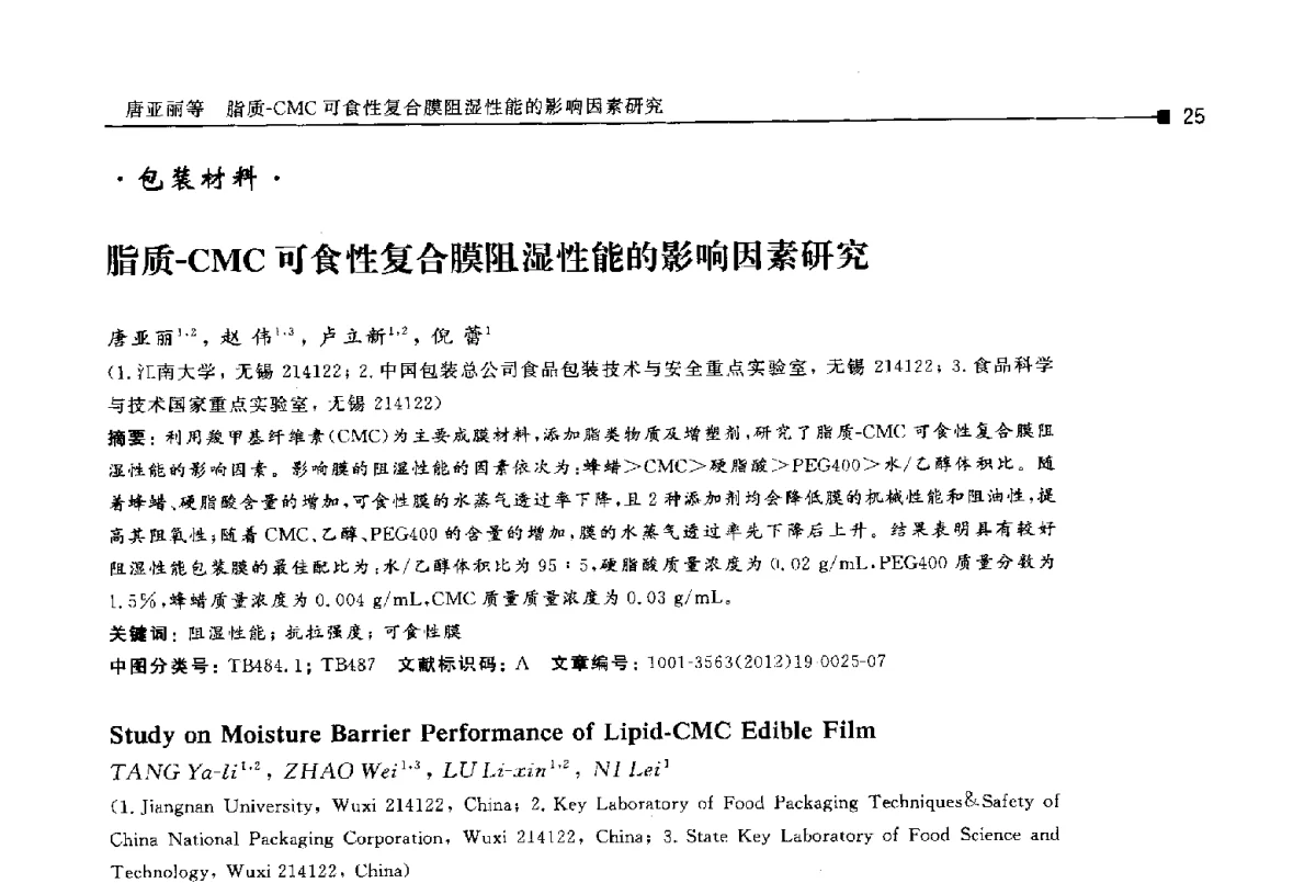 脂质-CMC可食性复合膜阻湿性能的影响因素研究 - 第十四届全国包装工程学术会议暨2012国际包装科技研讨会