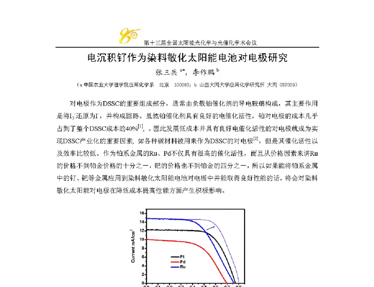 电沉积钌作为染料敏化太阳能电池对电极研究 - 第十三届全国太阳能光化学与光催化学术会议
