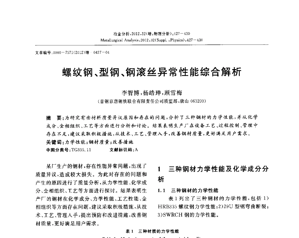 螺纹钢、型钢、钢滚丝异常性能综合解析 - 2012国际冶金及材料分析测试学术报告会(CCATM2012)
