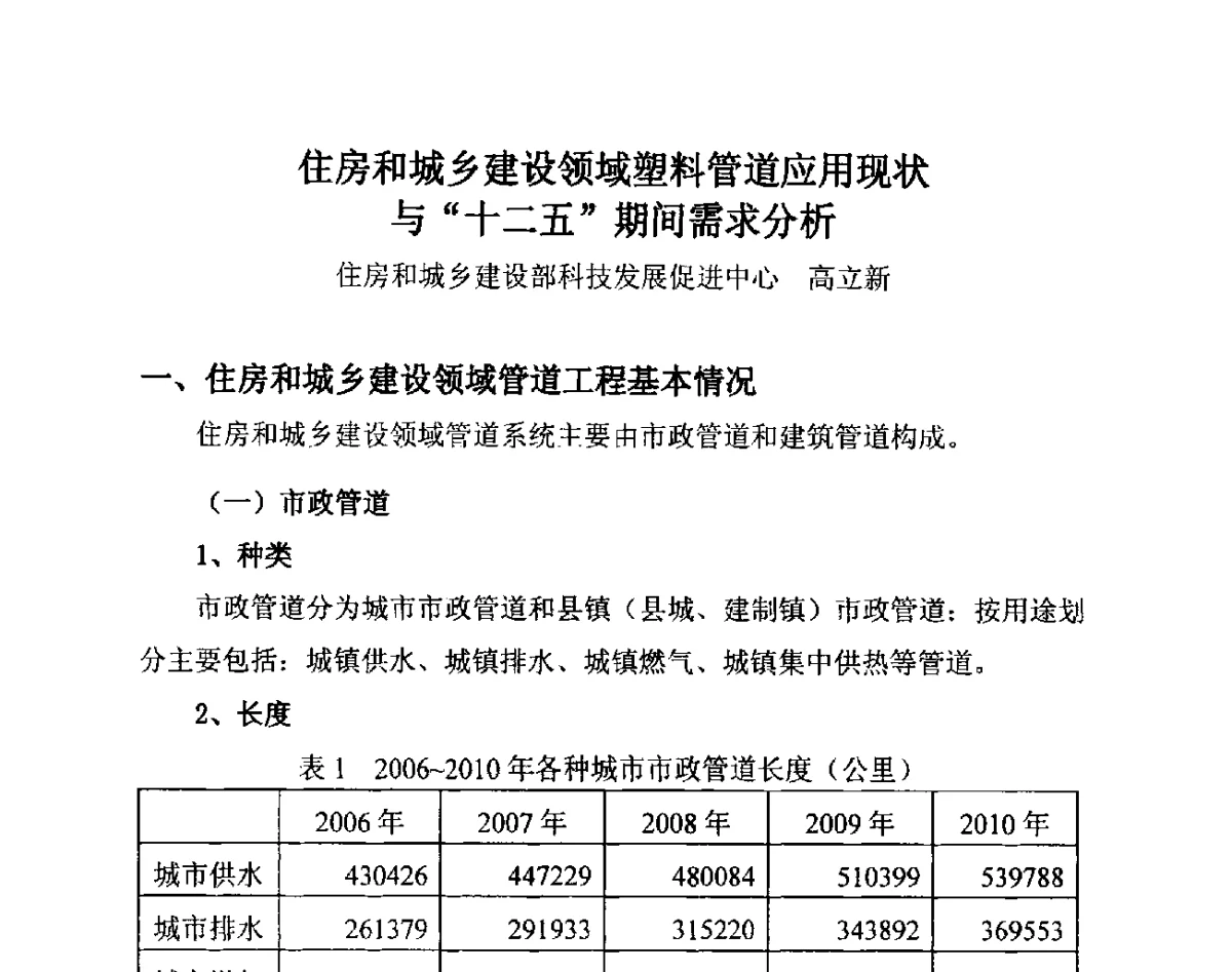 住房和城乡建设领域塑料管道应用现状与十二五期间需求分析 - 第14届全国塑料管道生产和应用技术推广交流会
