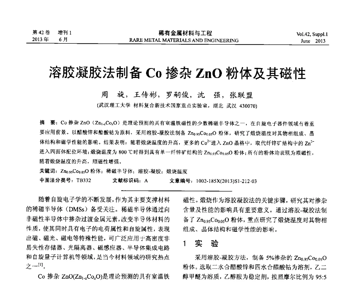 溶胶凝胶法制备Co掺杂ZnO粉体及其磁性 - 第十七届全国高技术陶瓷学术年会