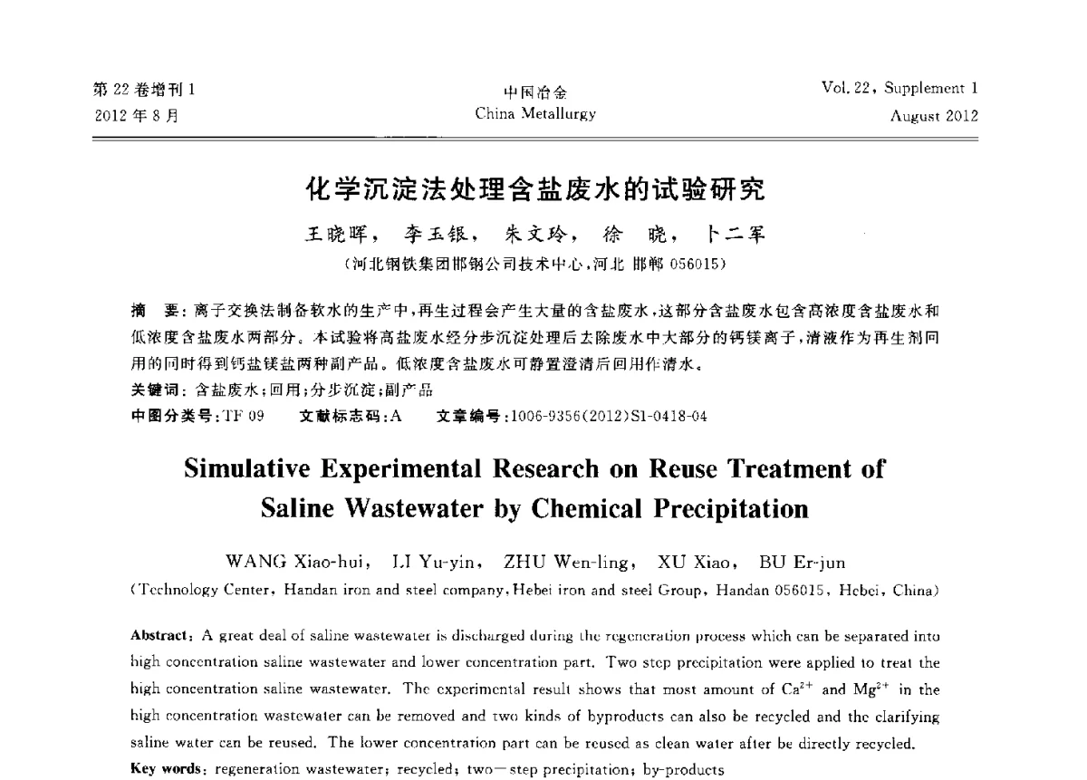 化学沉淀法处理含盐废水的试验研究 - 第六届中国金属学会青年学术年会