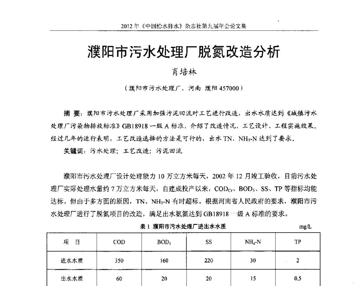 濮阳市污水处理厂脱氮改造分析 - 2012《中国给水排水》杂志社第九届年会