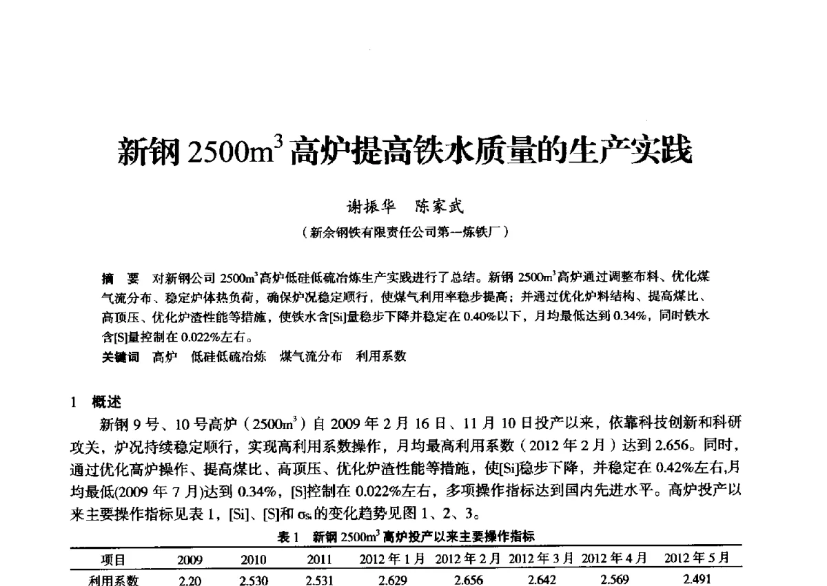 新钢2500m3高炉提高铁水质量的生产实践 - 2012年全国中小高炉炼铁学术年会