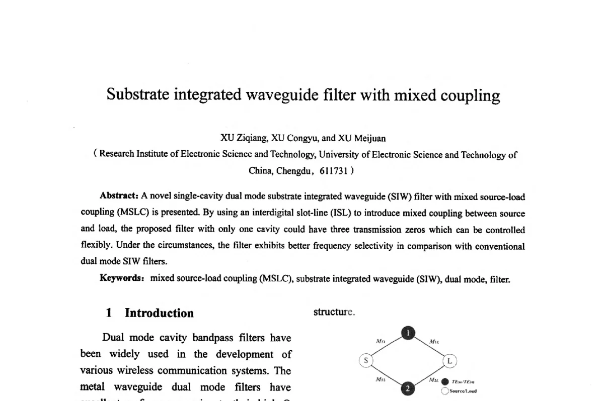 Substrate integrated waveguide filter with mixed coupling - 综合电子系统技术教育部重点实验室暨四川省高密度集成器件工程技术研究中心2012学术年会