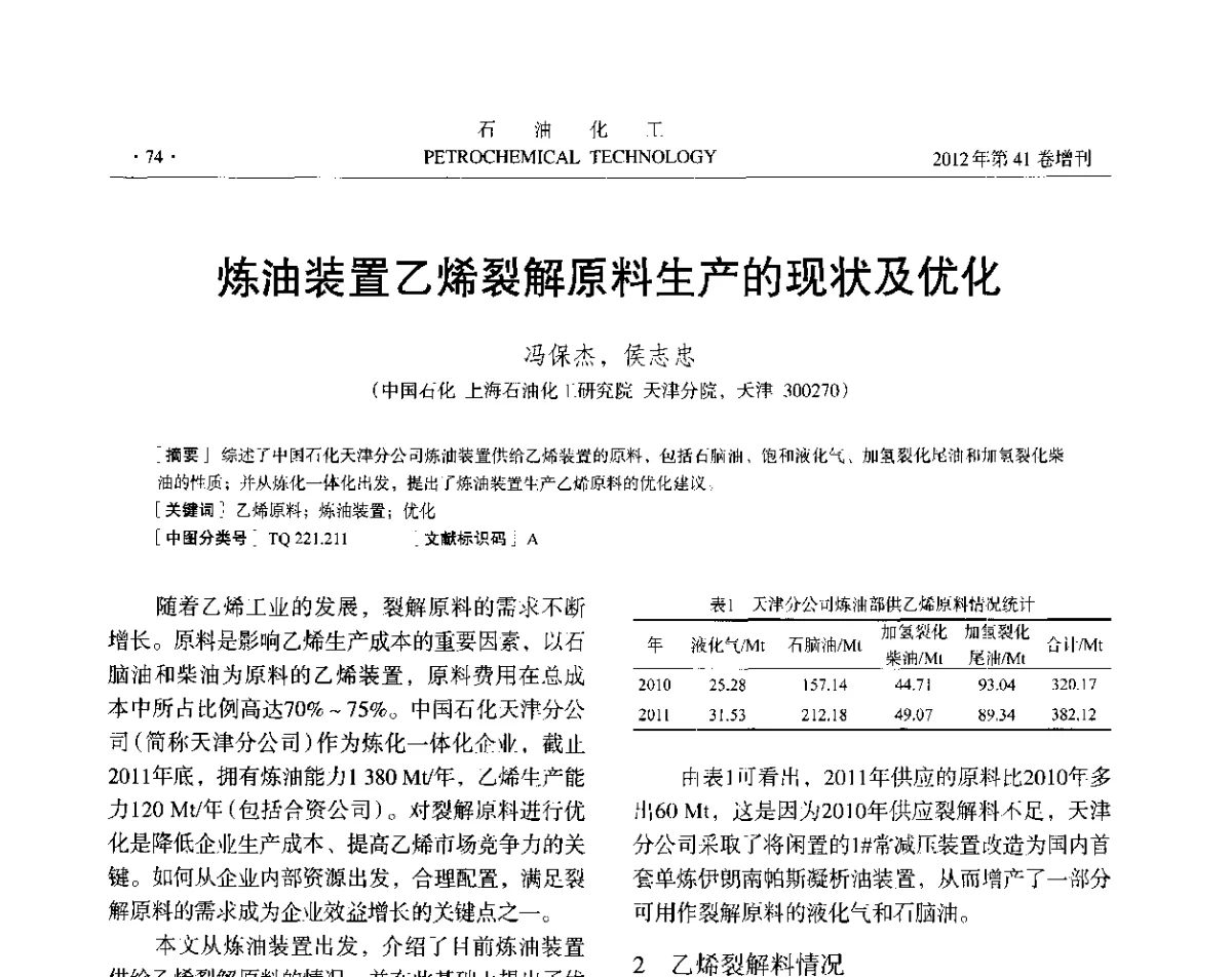 炼油装置乙烯裂解原料生产的现状及优化 - 中国化工学会2012年石油化工学术年会