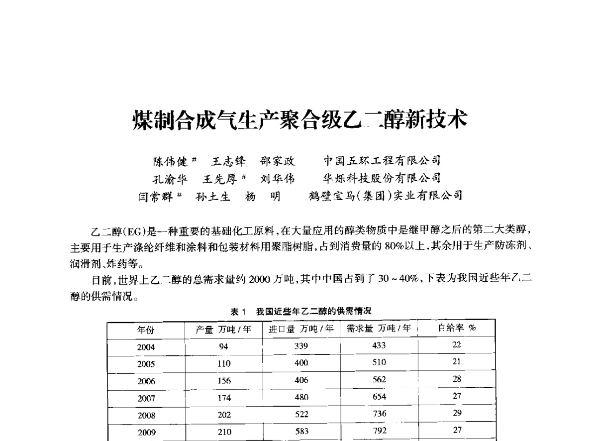 煤制合成气生产聚合级乙二醇新技术 - 全国化工合成氨设计技术中心站2012年技术交流会