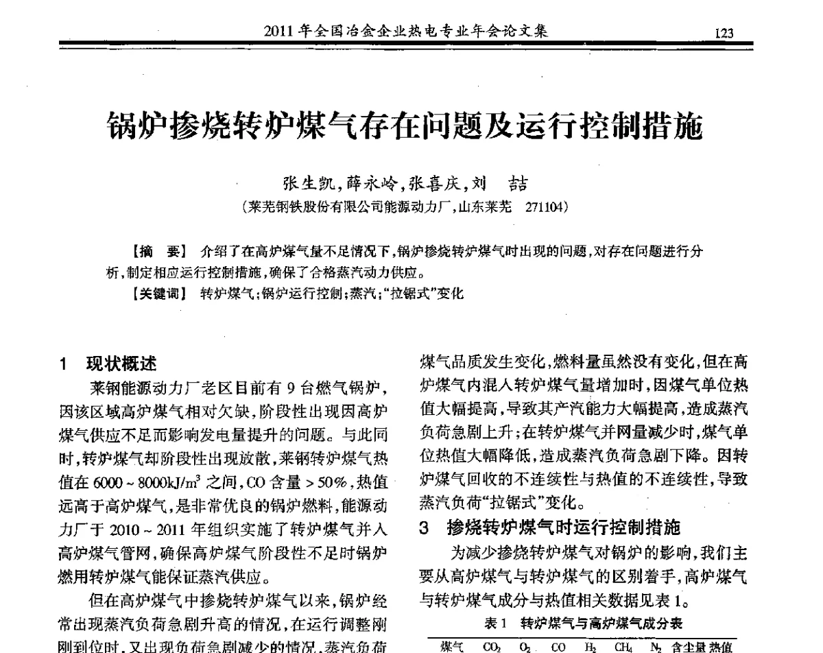 锅炉掺烧转炉煤气存在问题及运行控制措施 - 2011年全国冶金热电专业年会
