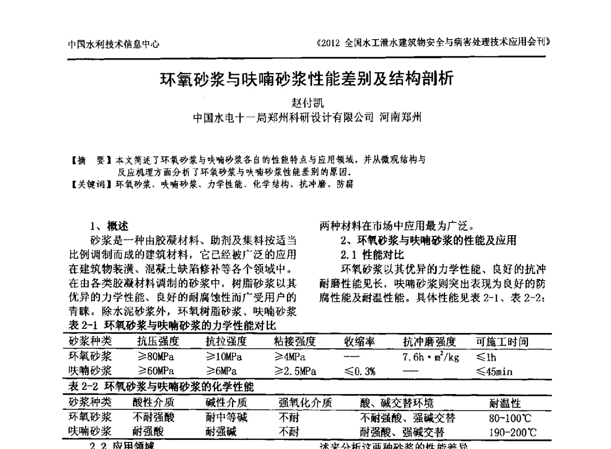 环氧砂浆与呋喃砂浆性能差别及结构剖析 - 2012全国水工泄水建筑物安全与病害处理技术交流研讨会