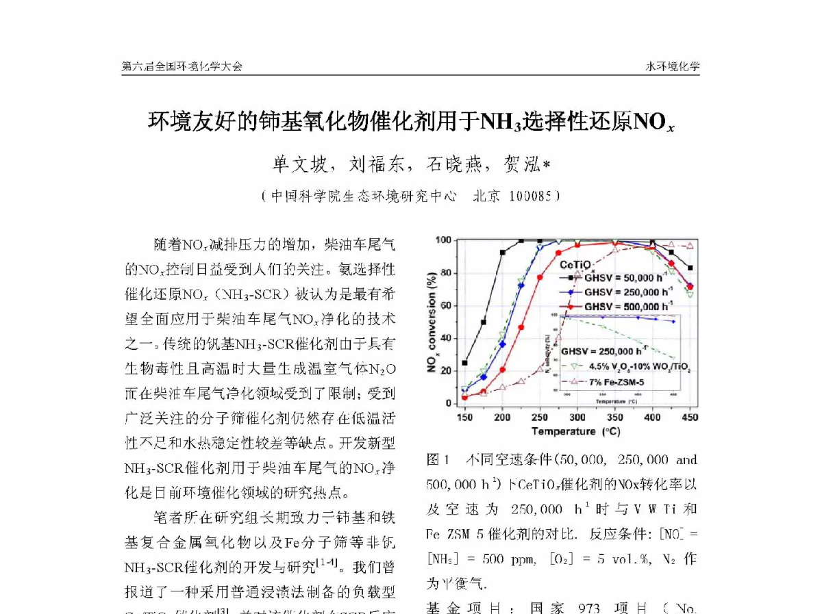 环境友好的铈基氧化物催化剂用于NH3选择性还原NOx - 第六届全国环境化学学术大会