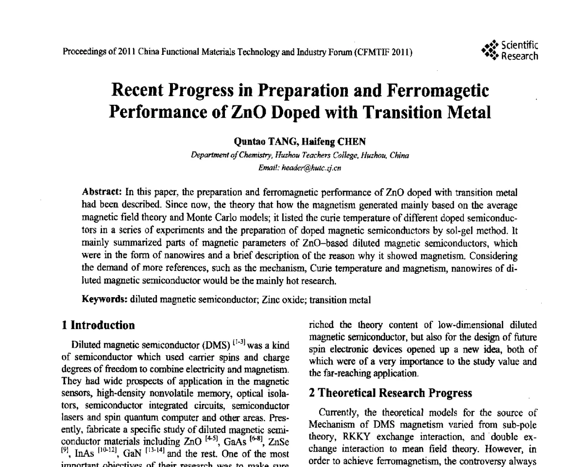 Recent Progress in Preparation and Ferromagetic Performance of ZnO Doped with Transition Metal - 2011中国功能材料科技与产业高层论坛