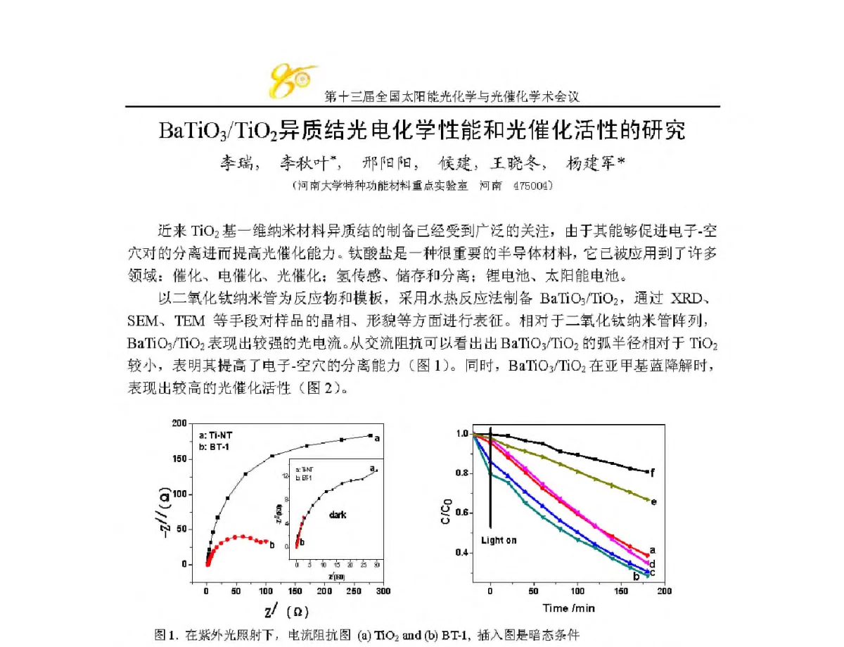 BaTiO3_TiO2异质结光电化学性能和光催化活性的研究 - 第十三届全国太阳能光化学与光催化学术会议