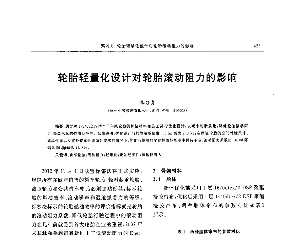 轮胎轻量化设计对轮胎滚动阻力的影响 - “玲珑轮胎杯”第17届中国轮胎技术研讨会