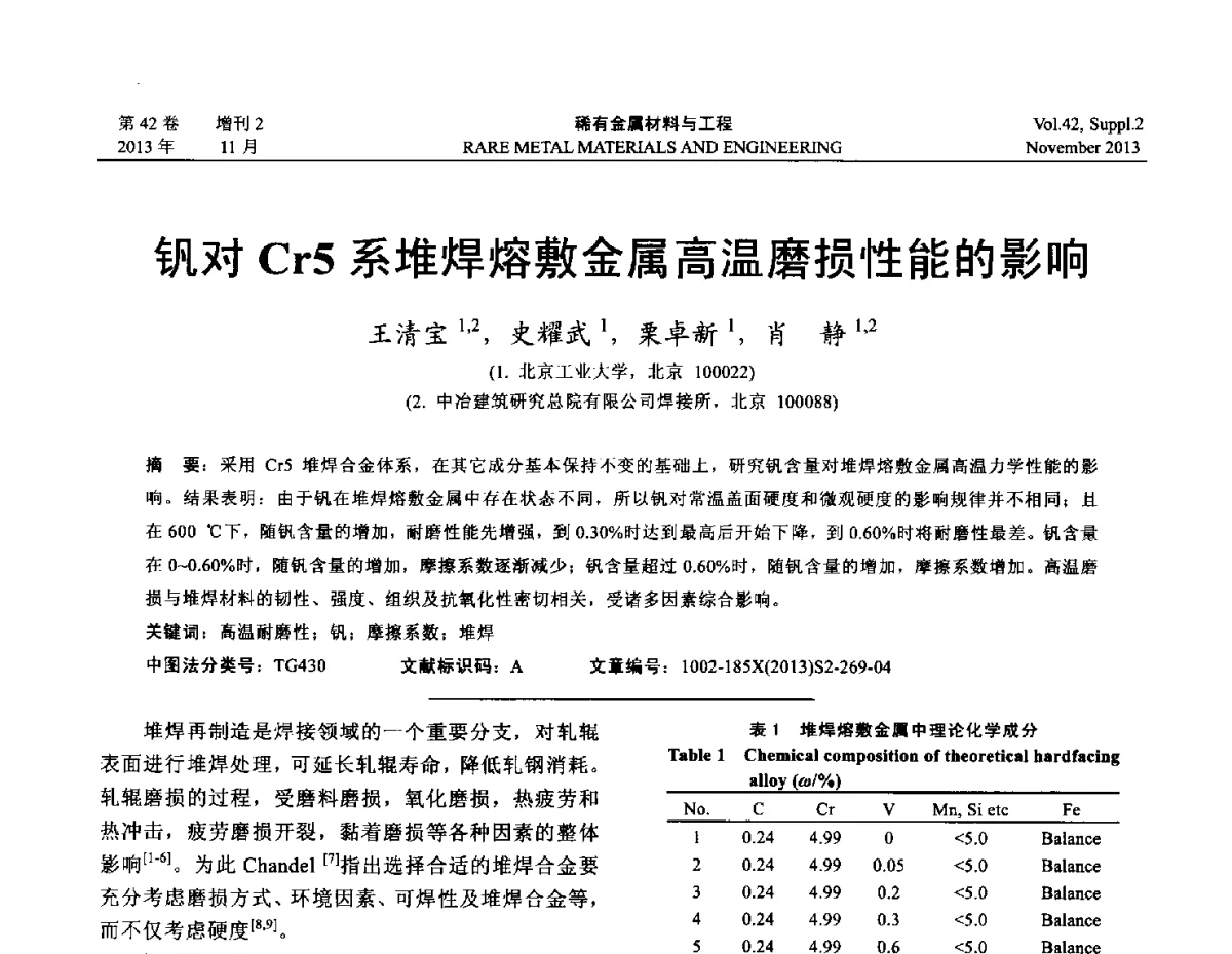 钒对Cr5系堆焊熔敷金属高温磨损性能的影响 - 第四届高能束加工技术国际学术会议