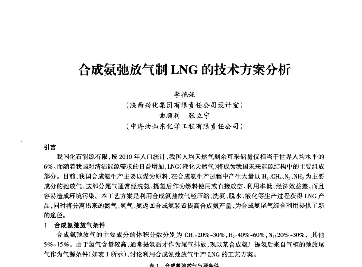 合成氨弛放气制LNG的技术方案分析 - 全国化工合成氨设计技术中心站2012年技术交流会