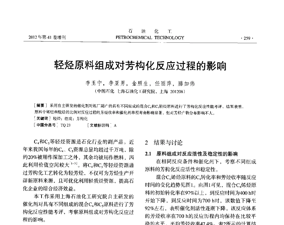 轻烃原料组成对芳构化反应过程的影响 - 中国化工学会2012年石油化工学术年会