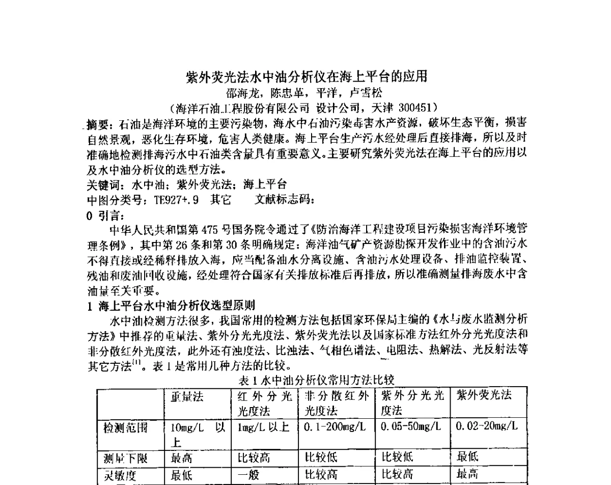 紫外荧光法水中油分析仪在海上平台的应用 - 2012中国石油化工重大工程仪表控制技术高峰论坛