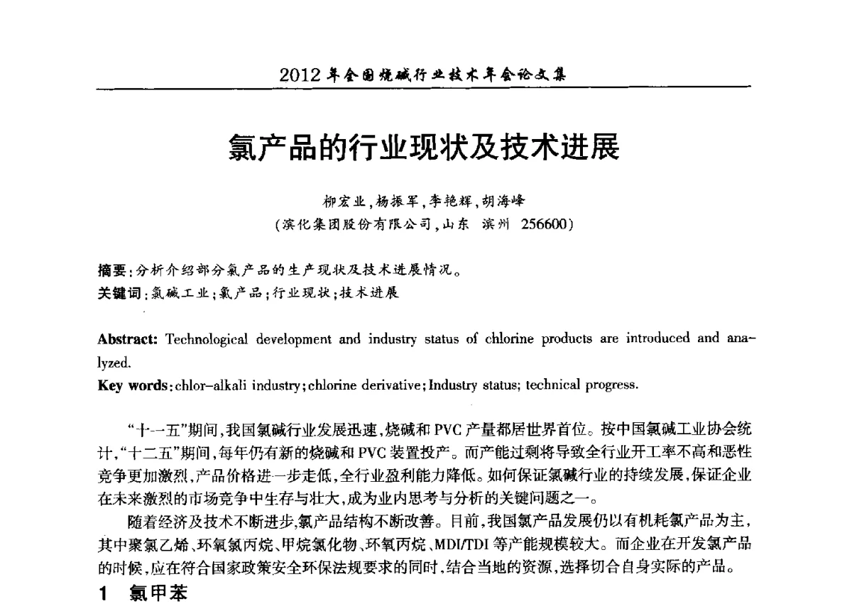 氯产品的行业现状及技术进展 - 2012年全国烧碱行业技术年会