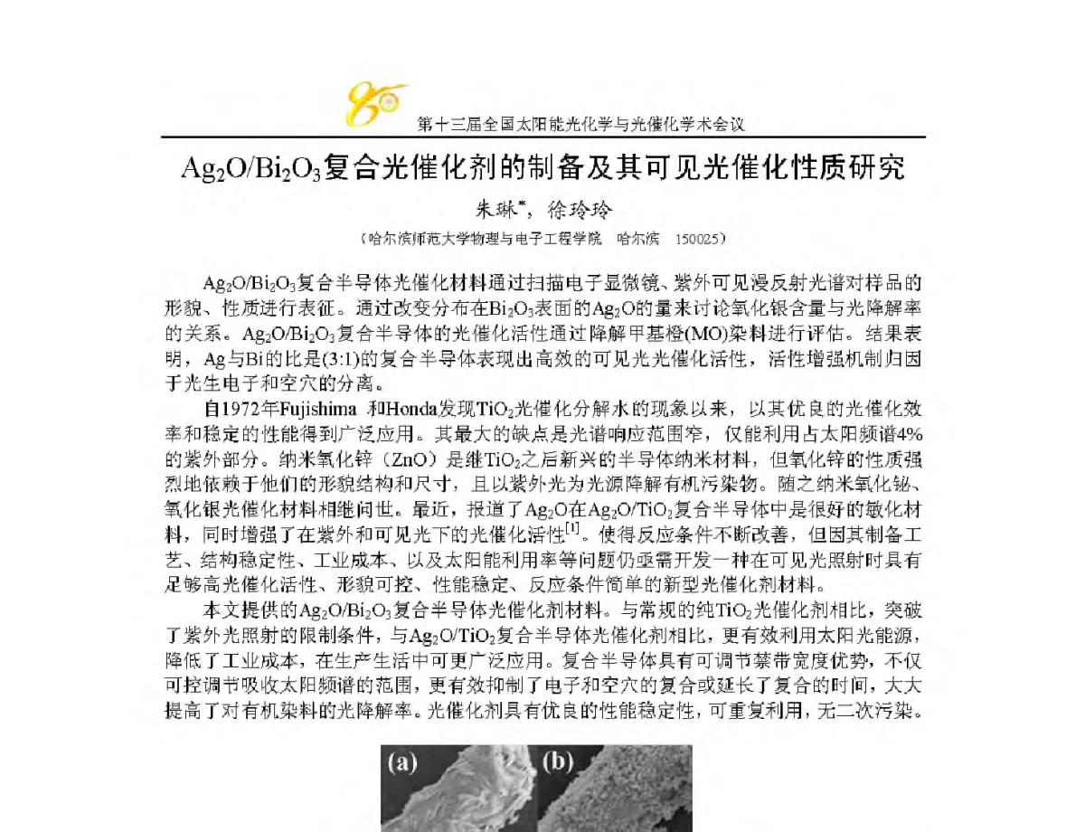Ag2O_Bi2O3复合光催化剂的制备及其可见光催化性质研究 - 第十三届全国太阳能光化学与光催化学术会议