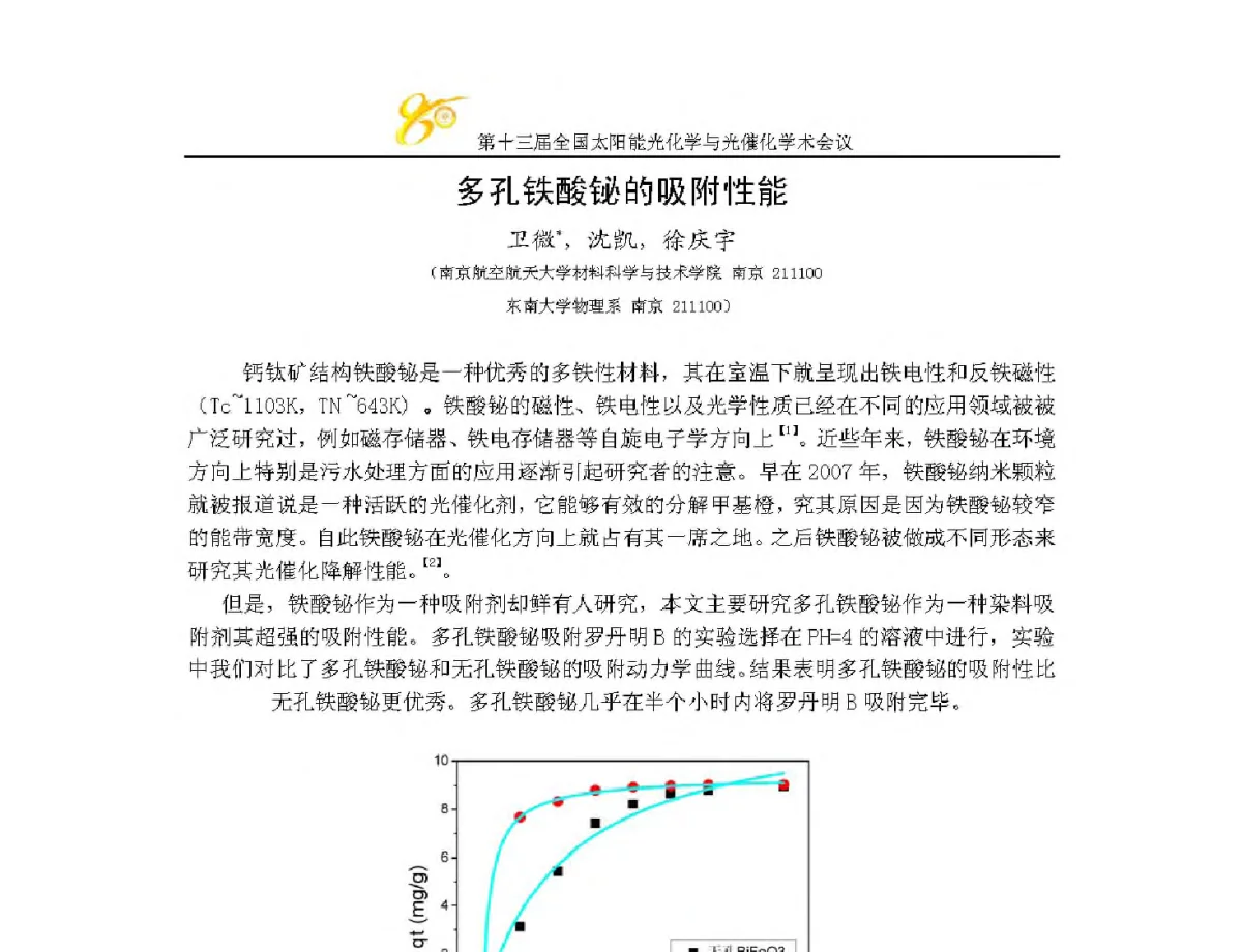 多孔铁酸铋的吸附性能 - 第十三届全国太阳能光化学与光催化学术会议