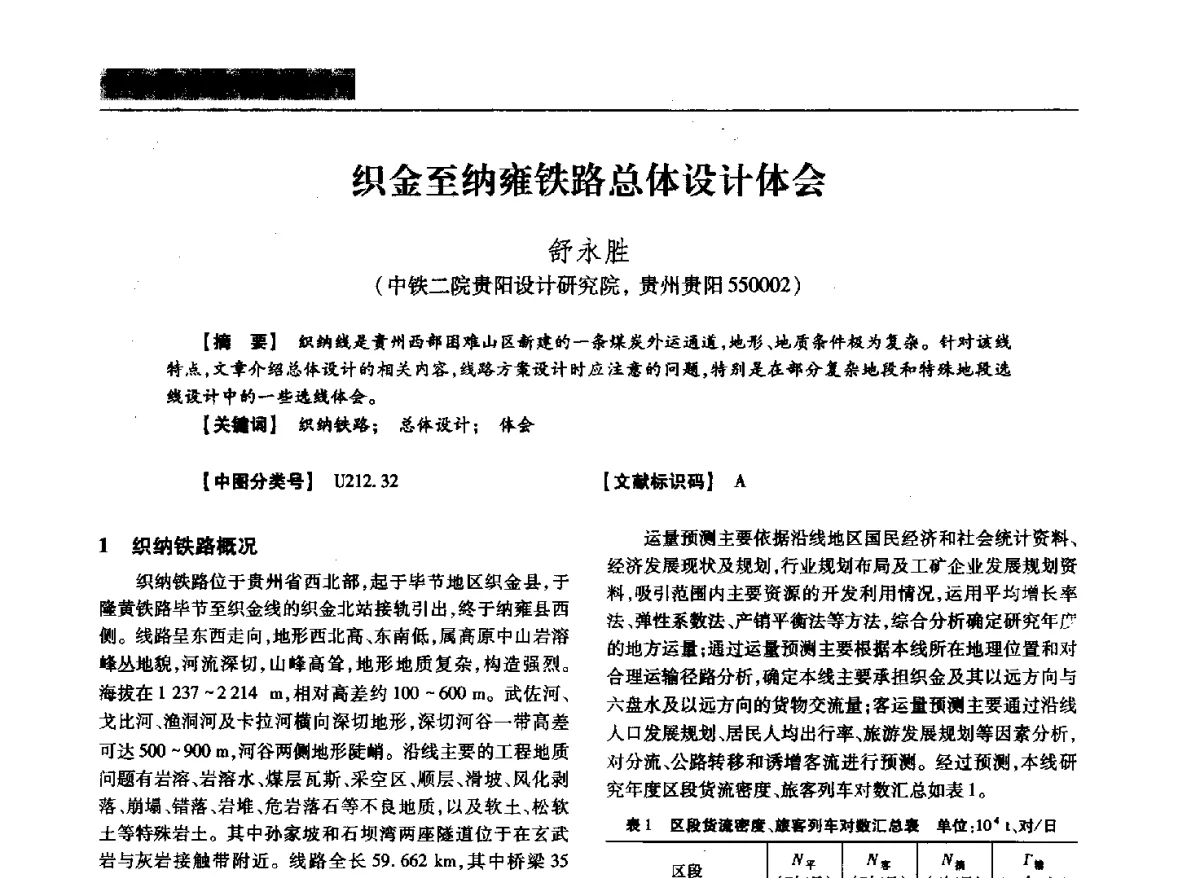 织金至纳雍铁路总体设计体会 - 四川省土木建筑学会第37届年会