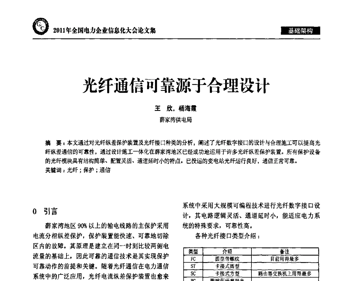 光纤通信可靠源于合理设计 - 2011年全国电力企业信息化大会