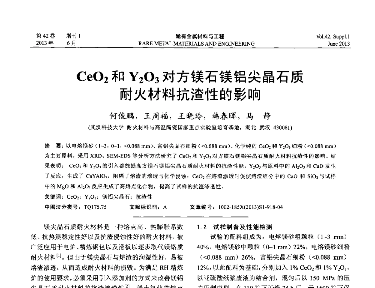 CeO2和Y2O3对方镁石镁铝尖晶石质耐火材料抗渣性的影响 - 第十七届全国高技术陶瓷学术年会