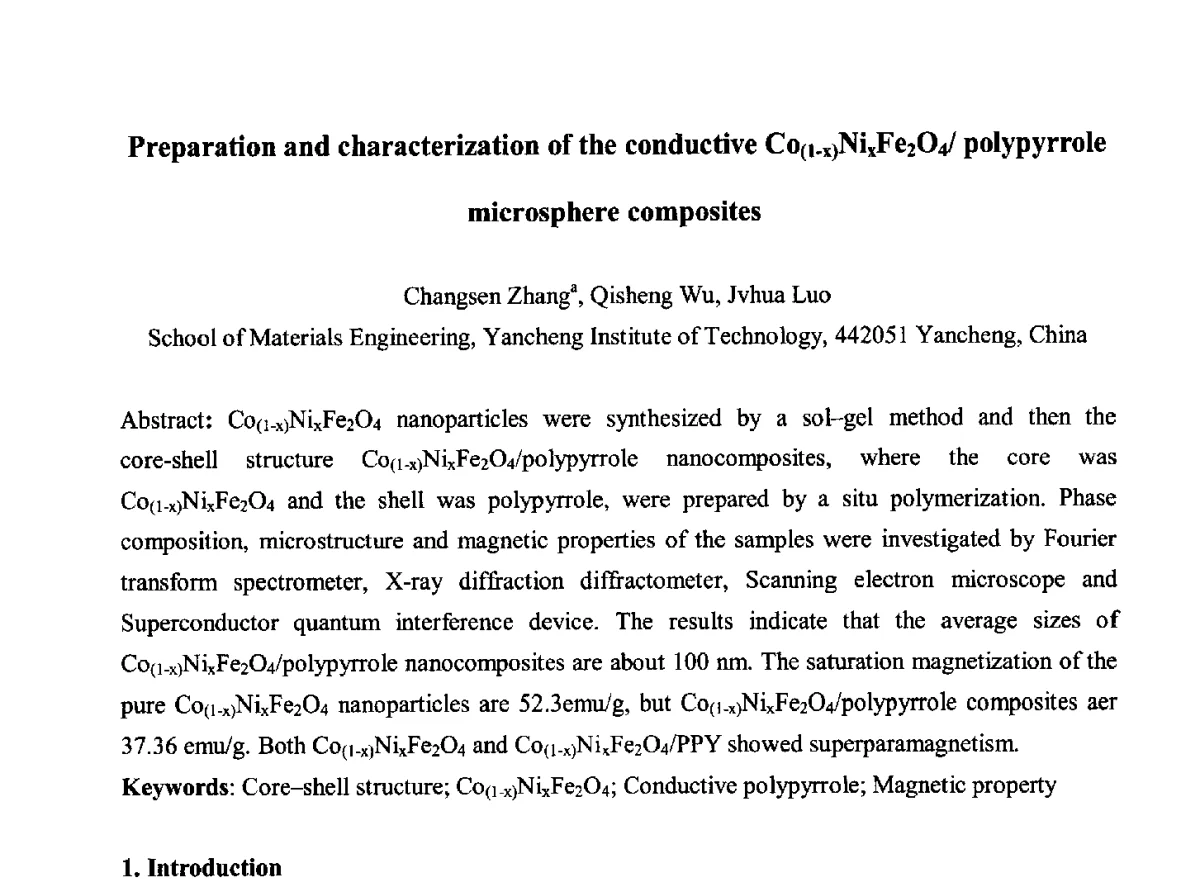 Preparation and characterization of the conductive Co(1-x)NixFe2O4_polypyrrole microsphere composites - 2012中国国际粉体技术与应用论坛暨全国粉体技术产品商贸交流会