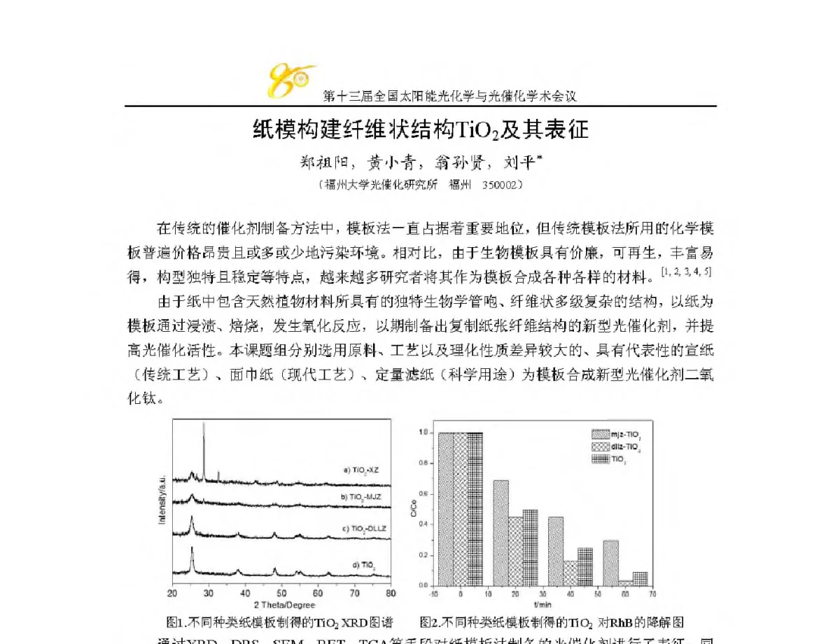 纸模构建纤维状结构TiO2及其表征 - 第十三届全国太阳能光化学与光催化学术会议