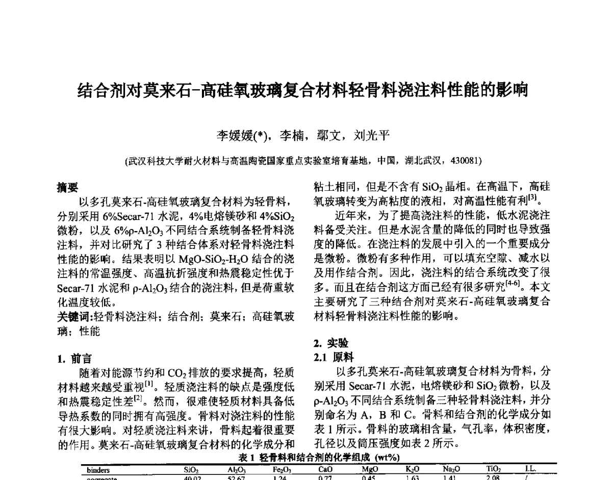 结合剂对莫来石-高硅氧玻璃复合材料轻骨料浇注料性能的影响 - 第六届国际耐火材料会议