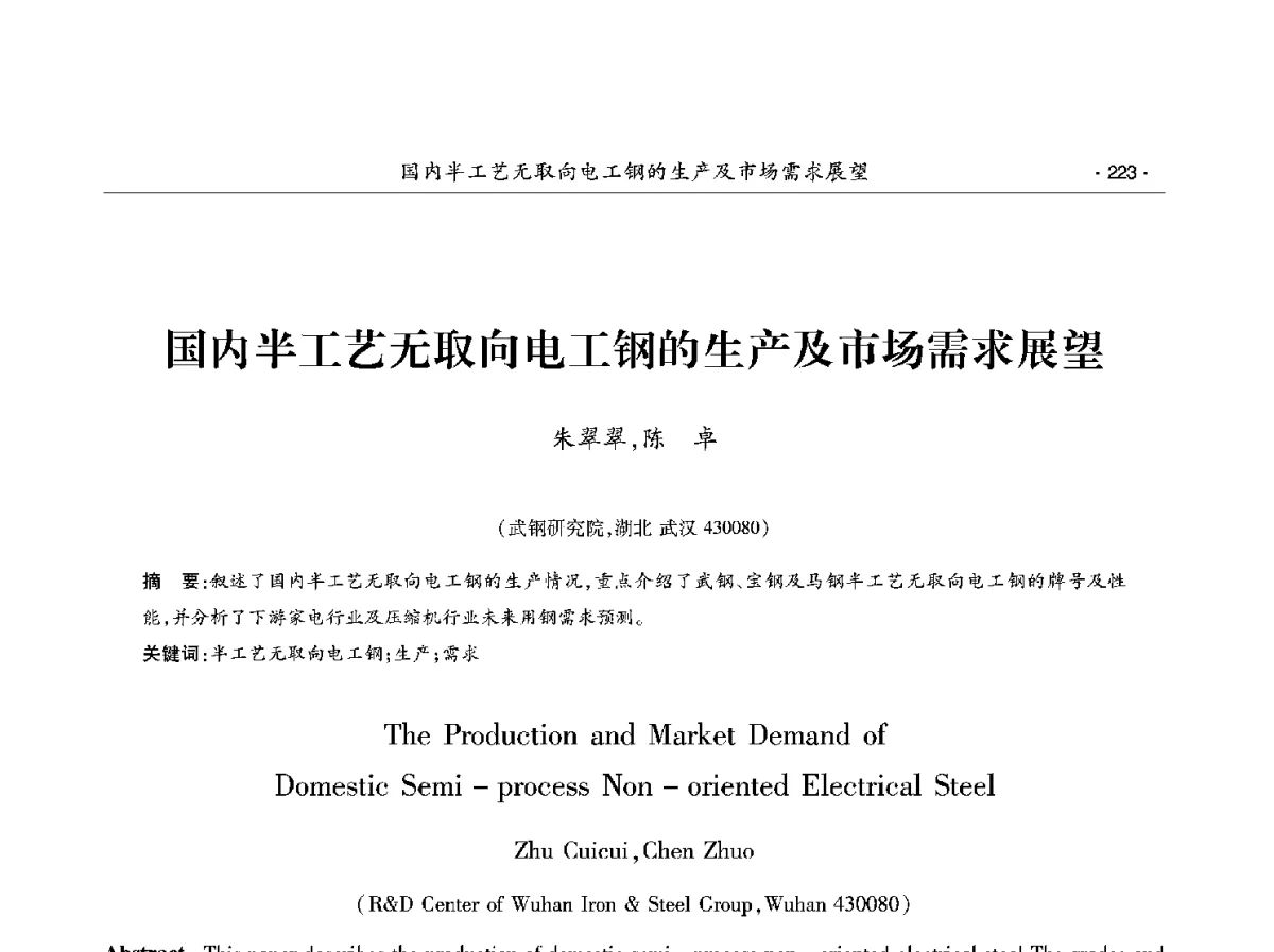 国内半工艺无取向电工钢的生产及市场需求展望 - 第十二届中国电工钢学术年会