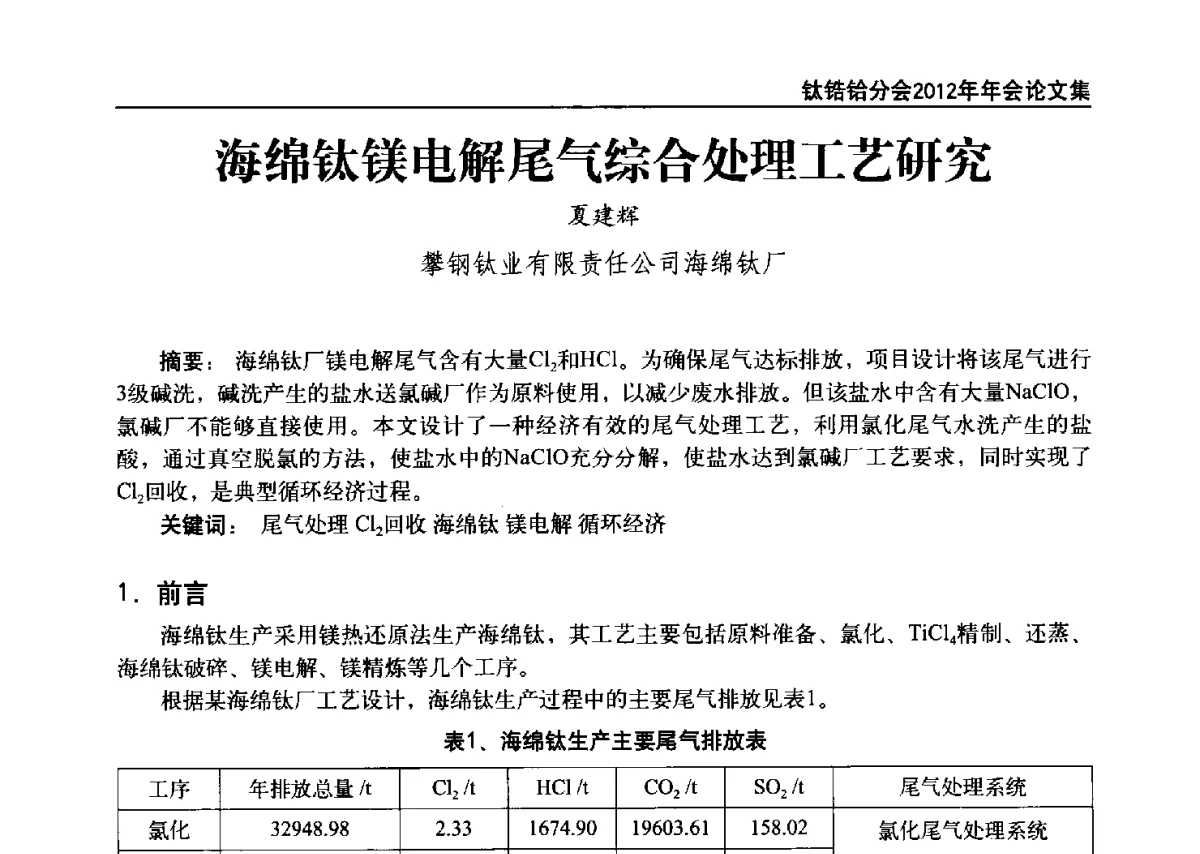 海绵钛镁电解尾气综合处理工艺研究 - 中国有色金属工业协会钛锆铪分会2012年钛年会