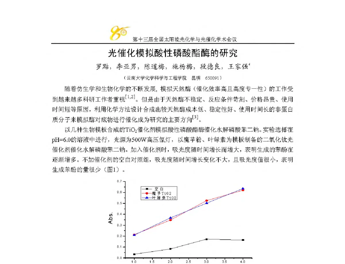 光催化模拟酸性磷酸酯酶的研究 - 第十三届全国太阳能光化学与光催化学术会议