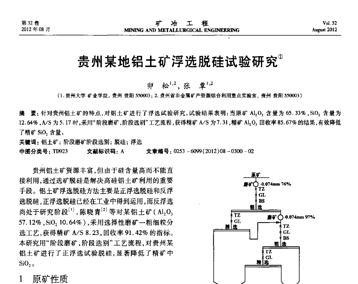 贵州某地铝土矿浮选脱硅试验研究 - 第六届全国选矿专业学术年会