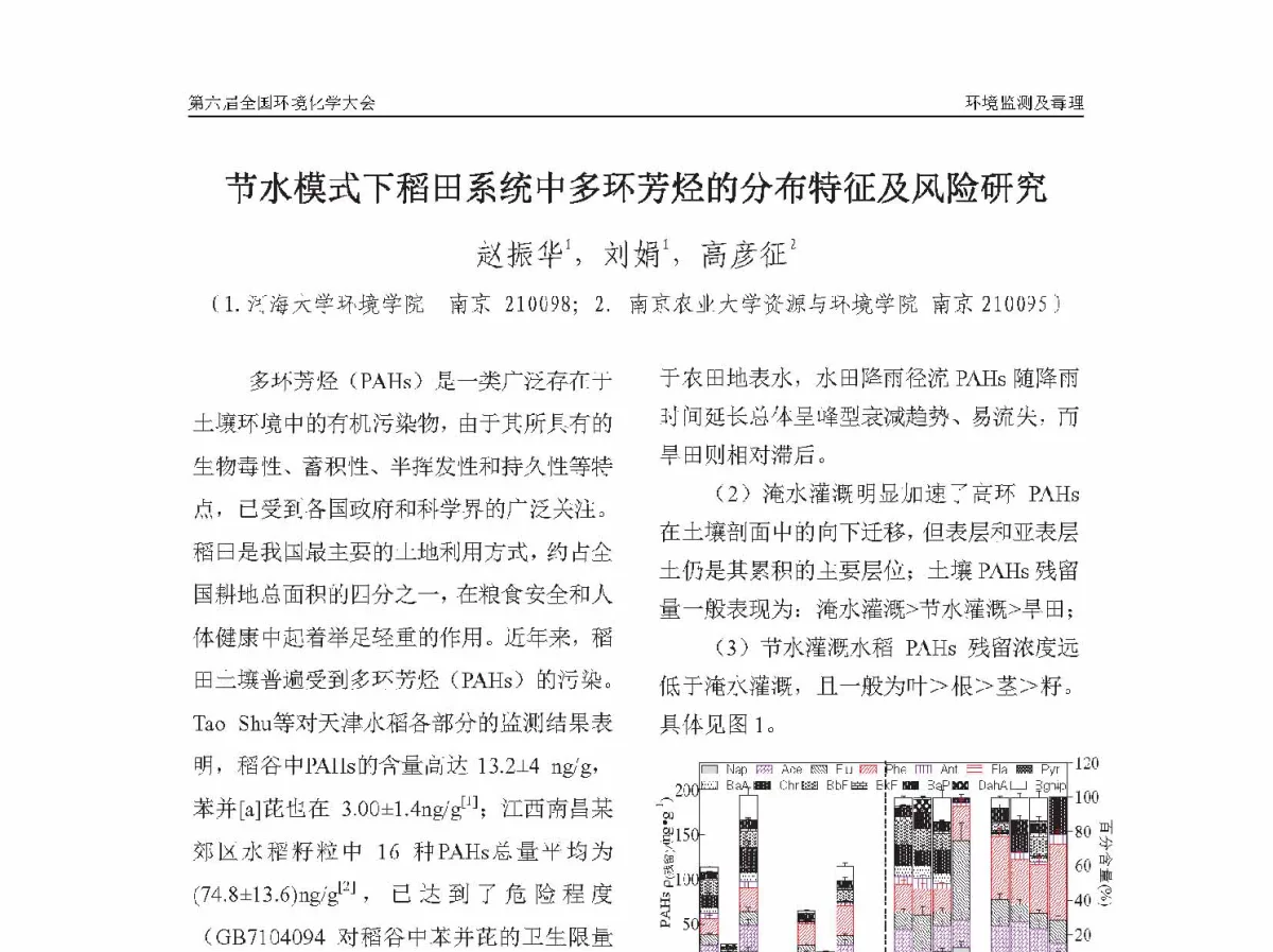 节水模式下稻田系统中多环芳烃的分布特征及风险研究 - 第六届全国环境化学学术大会