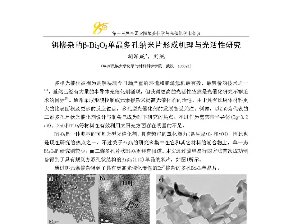 铒掺杂的β-Bi2O3单晶多孔纳米片形成机理与光活性研究 - 第十三届全国太阳能光化学与光催化学术会议