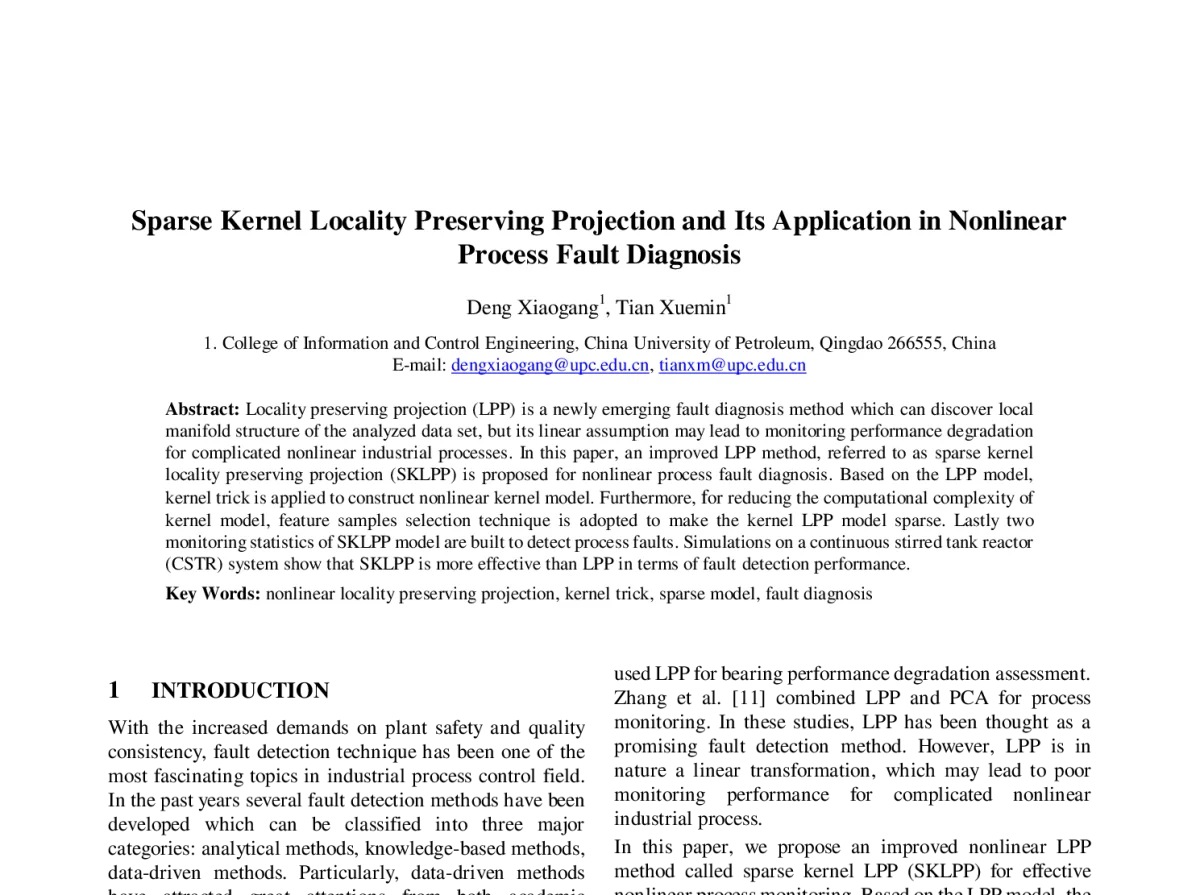 Sparse Kernel Locality Preserving Projection and Its Application in Nonlinear Process Fault Diagnosis - 第23届过程控制会议