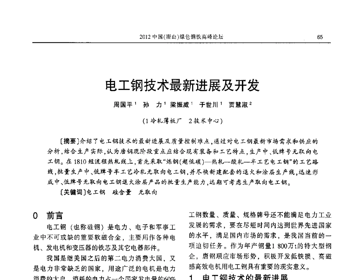 电工钢技术最新进展及开发 - 2012中国(唐山)绿色钢铁高峰论坛暨冶金设备、节能减排技术推介会