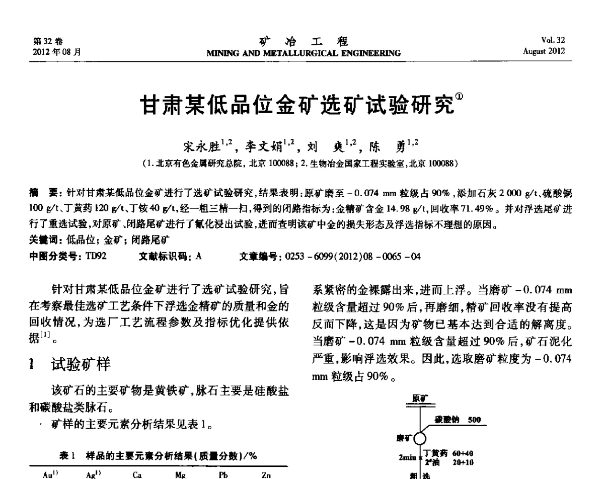 甘肃某低品位金矿选矿试验研究 - 第六届全国选矿专业学术年会
