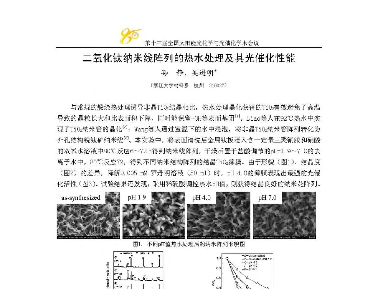 二氧化钛纳米线阵列的热水处理及其光催化性能 - 第十三届全国太阳能光化学与光催化学术会议