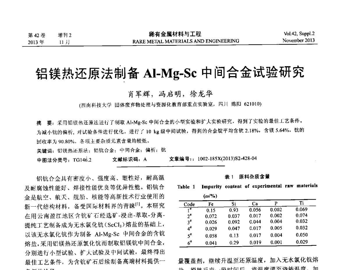 铝镁热还原法制备Al-Mg-Sc中间合金试验研究 - 第四届高能束加工技术国际学术会议