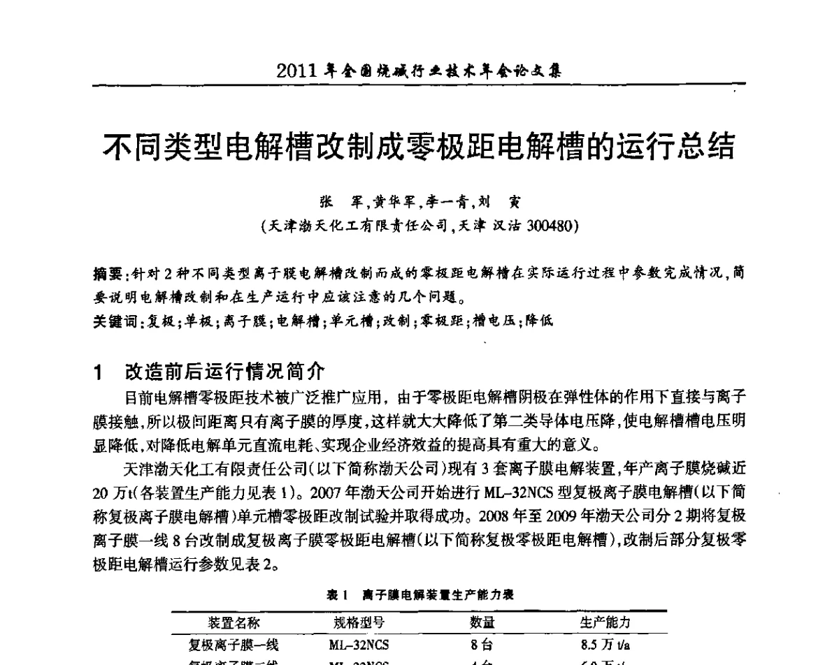 不同类型电解槽改制成零极距电解槽的运行总结 - 2011年全国烧碱行业技术年会
