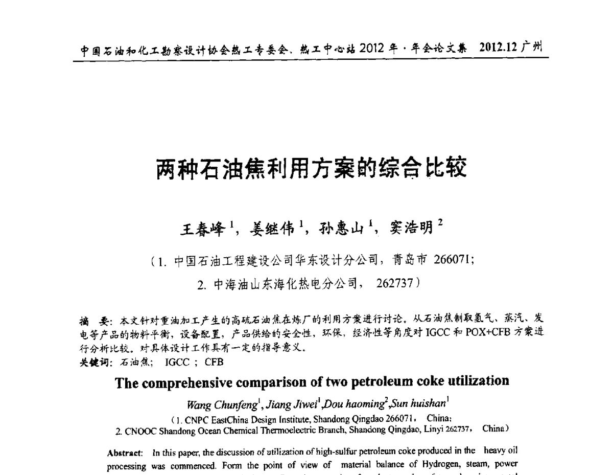 两种石油焦利用方案的综合比较 - 中国石油和化工勘察设计协会热工专委会、全国化工热工设计技术中心站2012年年会