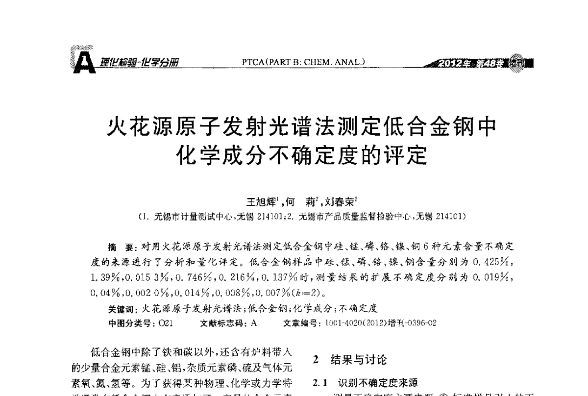 火花源原子发射光谱法测定低合金钢中化学成分不确定度的评定 - 全国理化测试学术研讨会暨《理化检验》创刊50周年大会