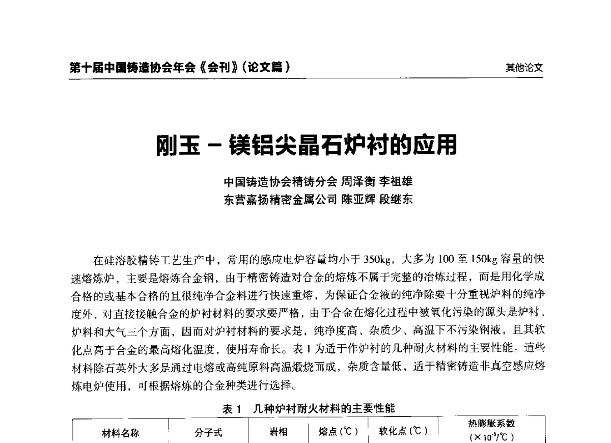 刚玉-镁铝尖晶石炉衬的应用 - 第十届中国铸造协会年会