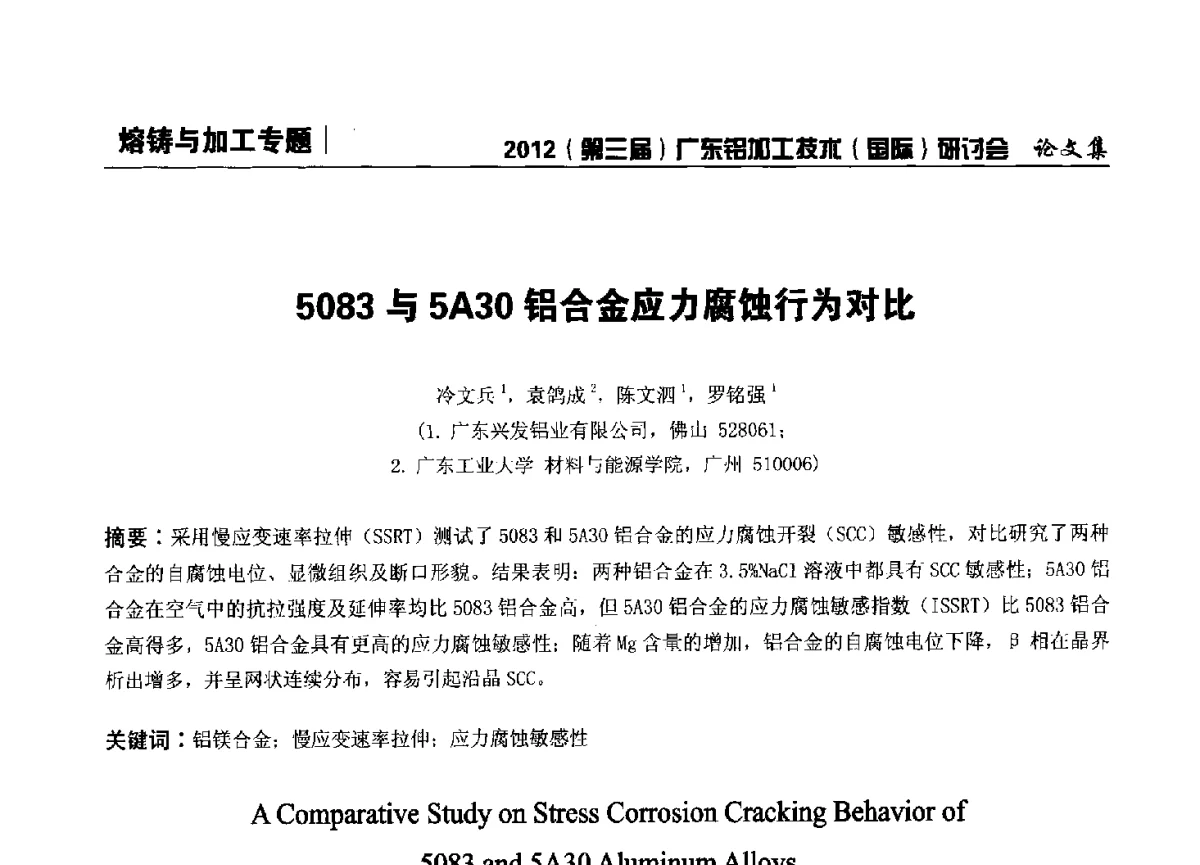 5083与5A30铝合金应力腐蚀行为对比 - 2012(第三届)广东铝加工技术(国际)研讨会暨广东有色金属工业发展论坛
