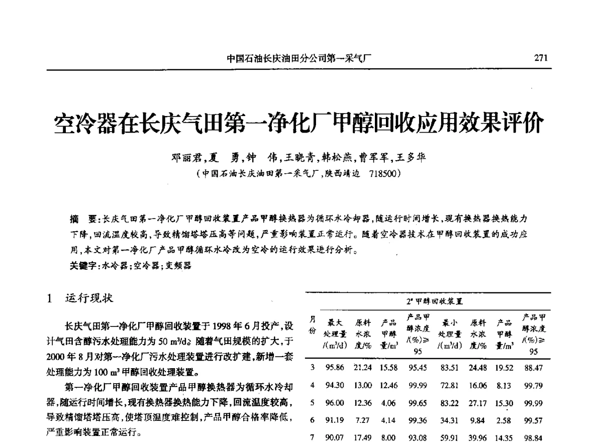 空冷器在长庆气田第一净化厂甲醇回收应用效果评价 - 第八届宁夏青年科学家论坛石化专题论坛